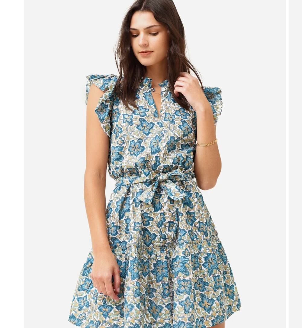Oliphant Blue Gold Ivy Floral Flirty Ruffle Hem Cotton Mini Dress Size XS